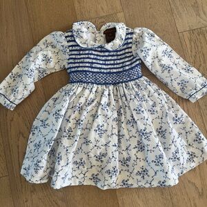Fleurisse Girls Smocked Peter Pan Collar Dress White Blue 2y